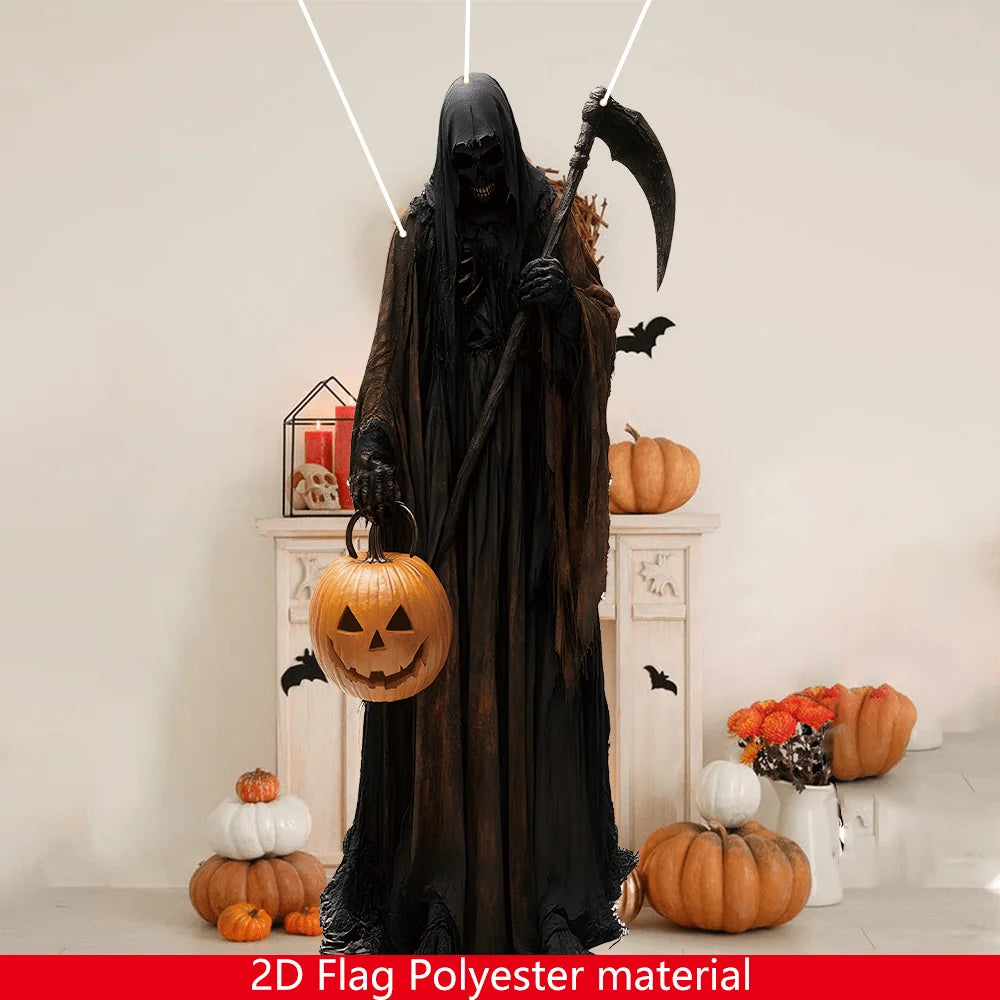 Decoración de telón con cara de calabaza colgan