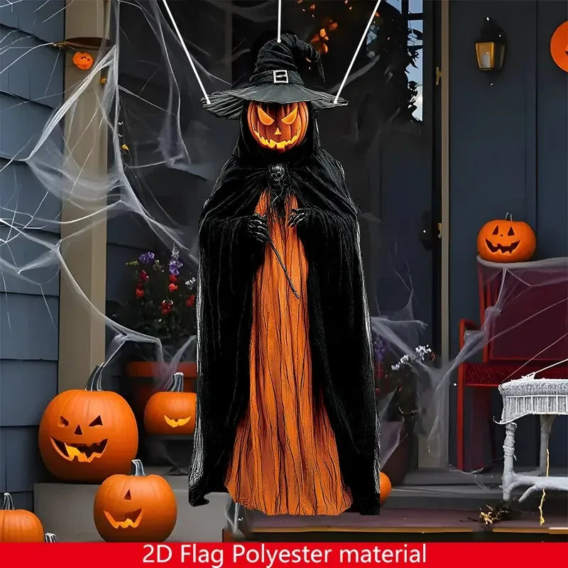 Decoración de telón con cara de calabaza colgan