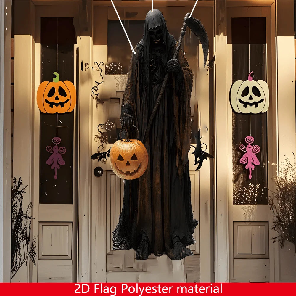 Decoración de telón con cara de calabaza colgan