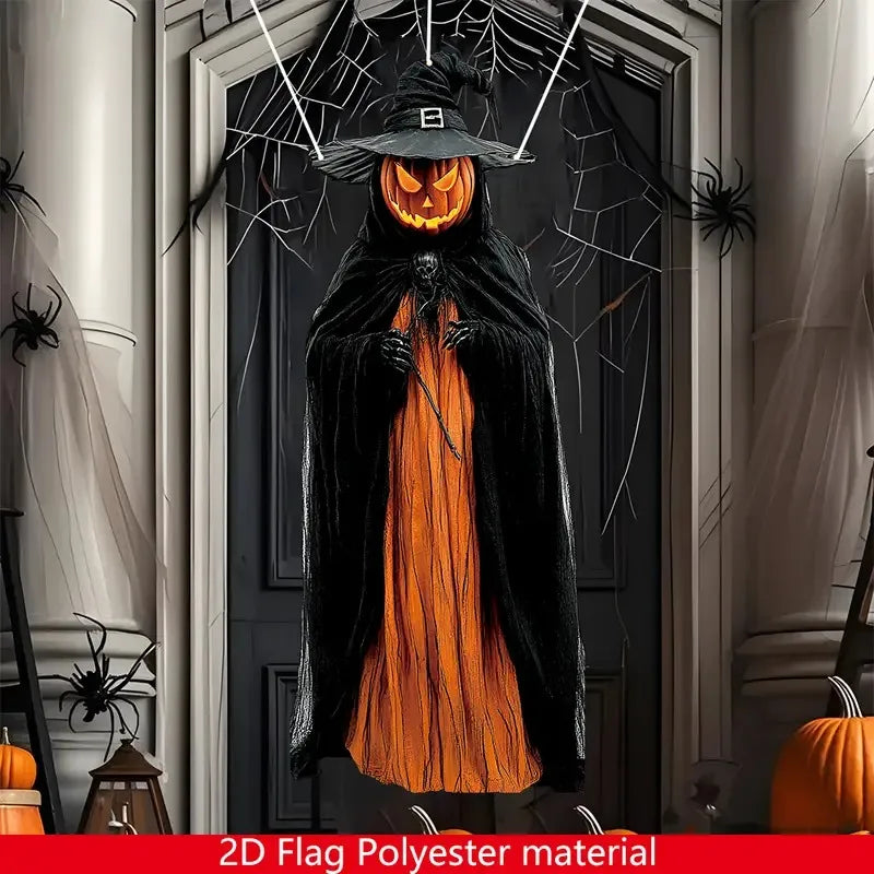 Decoración de telón con cara de calabaza colgan