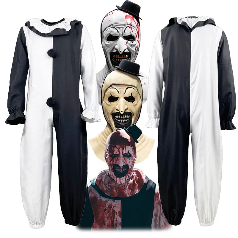 Disfraz de Art the Clown – Cosplay de Terrifier, traje completo de payaso de terror con máscara, mono completo para fiesta de Halloween, para hombres adultos.