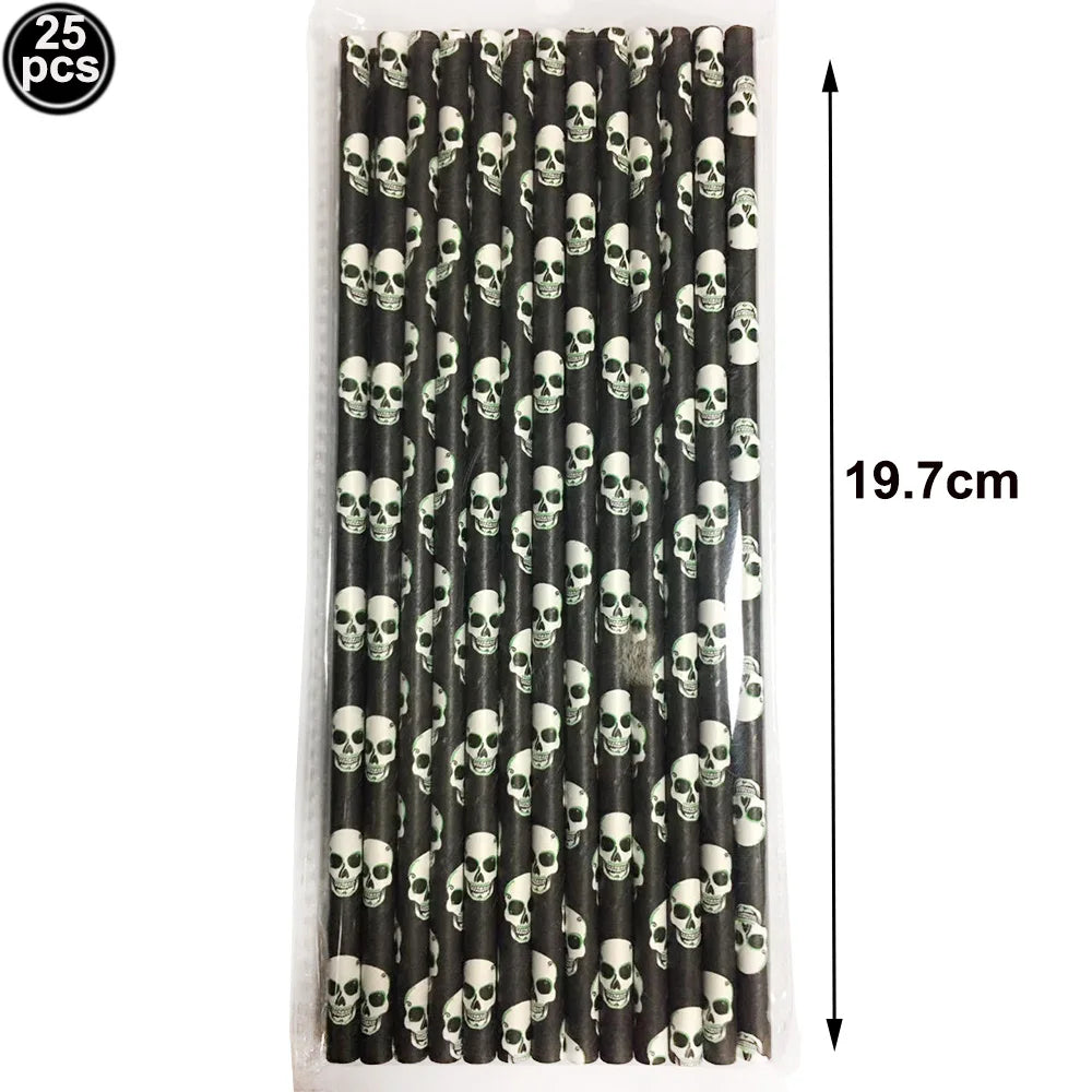 25/50/100 uds. Pajitas de Papel Desechables con Diseño de Halloween – Calabaza, Murciélago, Araña y Calavera – Decoración para Fiestas de Halloween