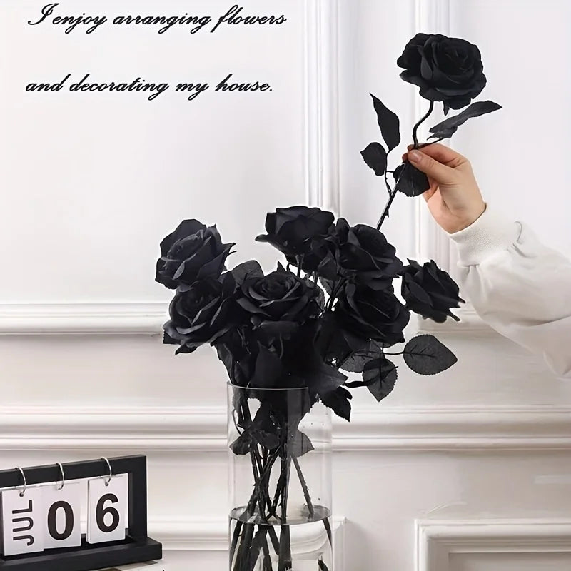 Rosas Negras Artificiales – Flores Falsas de Tallo Largo, sin Florero – Para Halloween, Decoración del Hogar, Bodas, Fiestas y Centros de Mesa