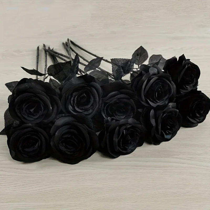 Rosas Negras Artificiales – Flores Falsas de Tallo Largo, sin Florero – Para Halloween, Decoración del Hogar, Bodas, Fiestas y Centros de Mesa