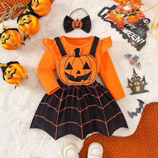 Disfraz de Calabaza para Niños de Halloween – Vestido de Calabaza de Otoño para Niña/Bebé con Manga Larga, Falda con Carita Fantasma y Tirantes, Conjunto de 3 Piezas