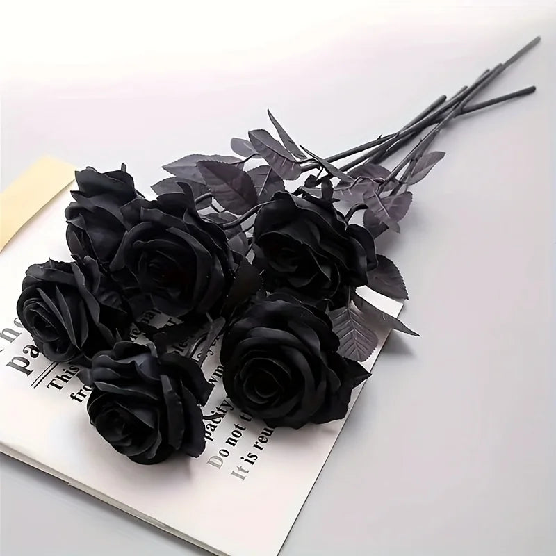 Rosas Negras Artificiales – Flores Falsas de Tallo Largo, sin Florero – Para Halloween, Decoración del Hogar, Bodas, Fiestas y Centros de Mesa