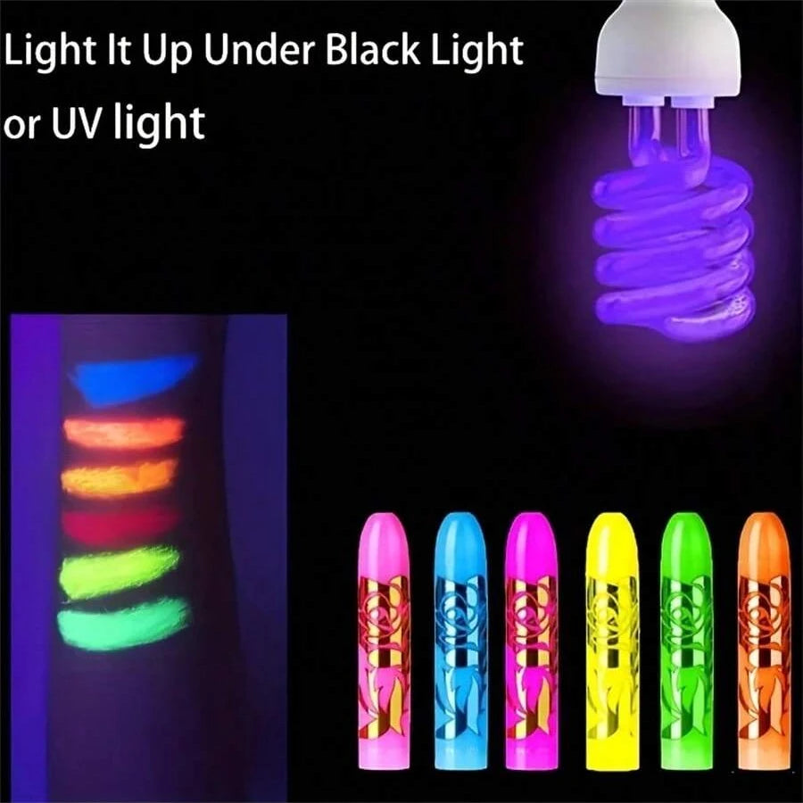 Set de 6 Crayones de Pintura Facial Fluorescente UV Maquillaje Neon para Rostro y Cuerpo bajo Luz Negra Lápices de Pintura en Barra para Carnaval, Halloween y Maquillaje de Mascarada