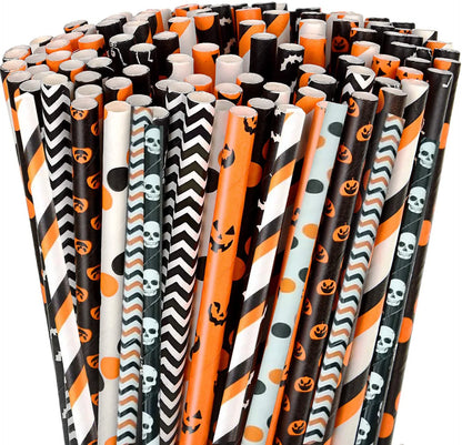 25/50/100 uds. Pajitas de Papel Desechables con Diseño de Halloween – Calabaza, Murciélago, Araña y Calavera – Decoración para Fiestas de Halloween
