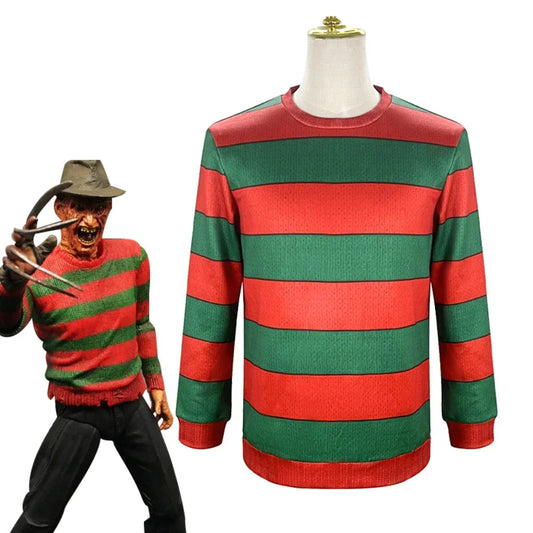 "Disfraz de Freddy Krueger de película – Camiseta de cosplay para adultos, traje superior a rayas rojas y verdes, para Halloween o fiesta de carnaval de terror.