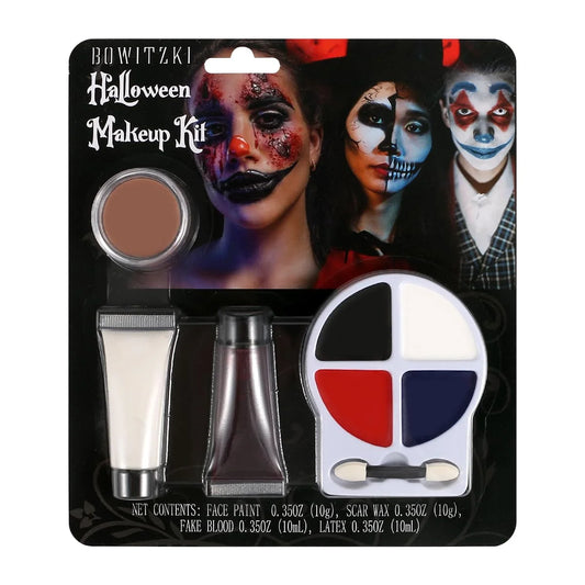 Kit de Maquillaje de Payaso para Halloween Bowitzki – Maquillaje SFX de Efectos Especiales con 4 Colores de Pintura Facial, Látex Líquido, Sangre Falsa y Cera para Cicatrices