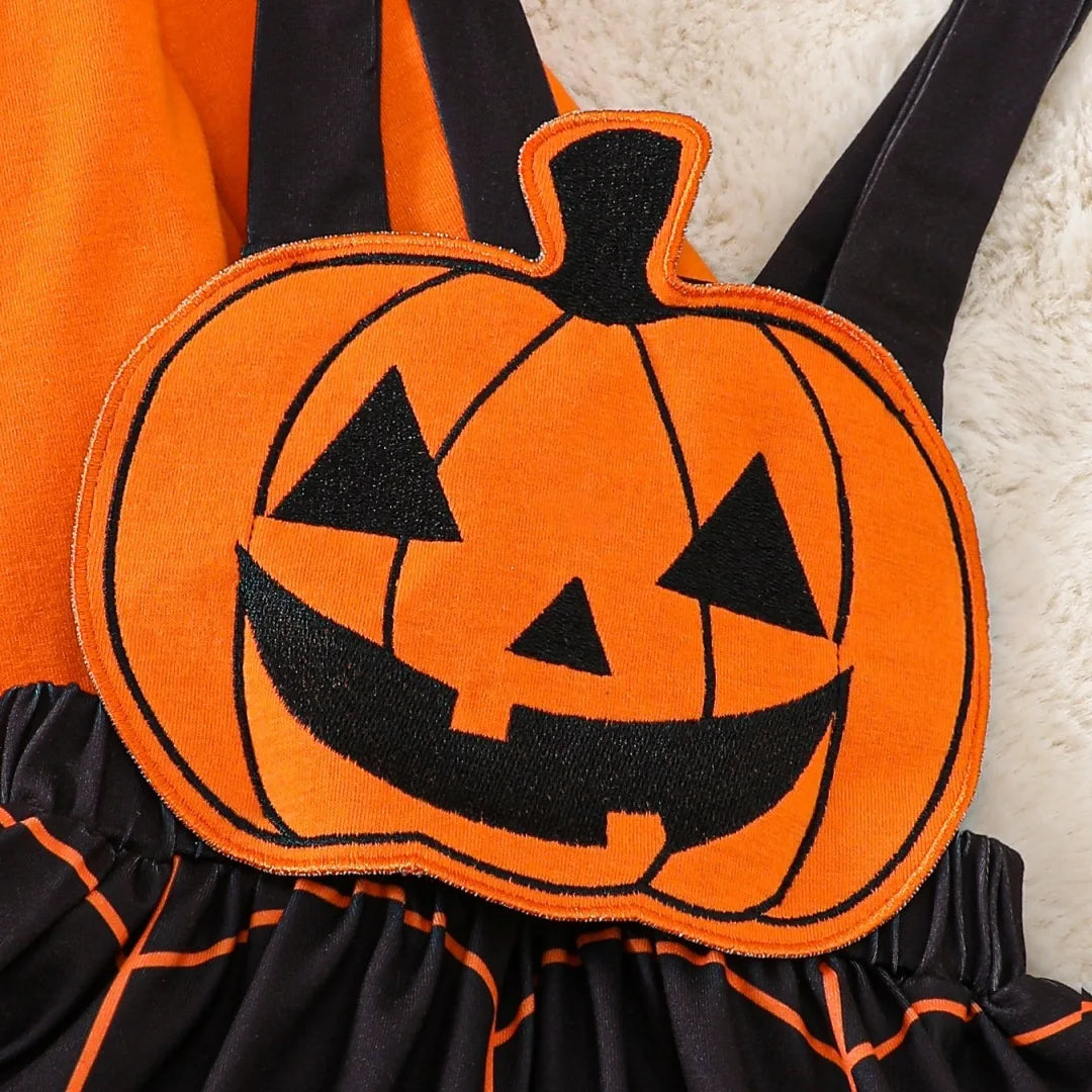 Disfraz de Calabaza para Niños de Halloween – Vestido de Calabaza de Otoño para Niña/Bebé con Manga Larga, Falda con Carita Fantasma y Tirantes, Conjunto de 3 Piezas