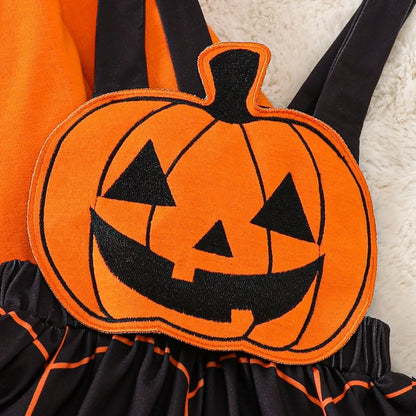 Disfraz de Calabaza para Niños de Halloween – Vestido de Calabaza de Otoño para Niña/Bebé con Manga Larga, Falda con Carita Fantasma y Tirantes, Conjunto de 3 Piezas