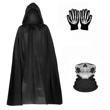 Conjunto de 1/4 piezas para fiesta de Halloween – Juego de disfraces de rol para niños y adultos, capa negra de la muerte, accesorio de disfraz con calavera para Halloween, regalo festivo
