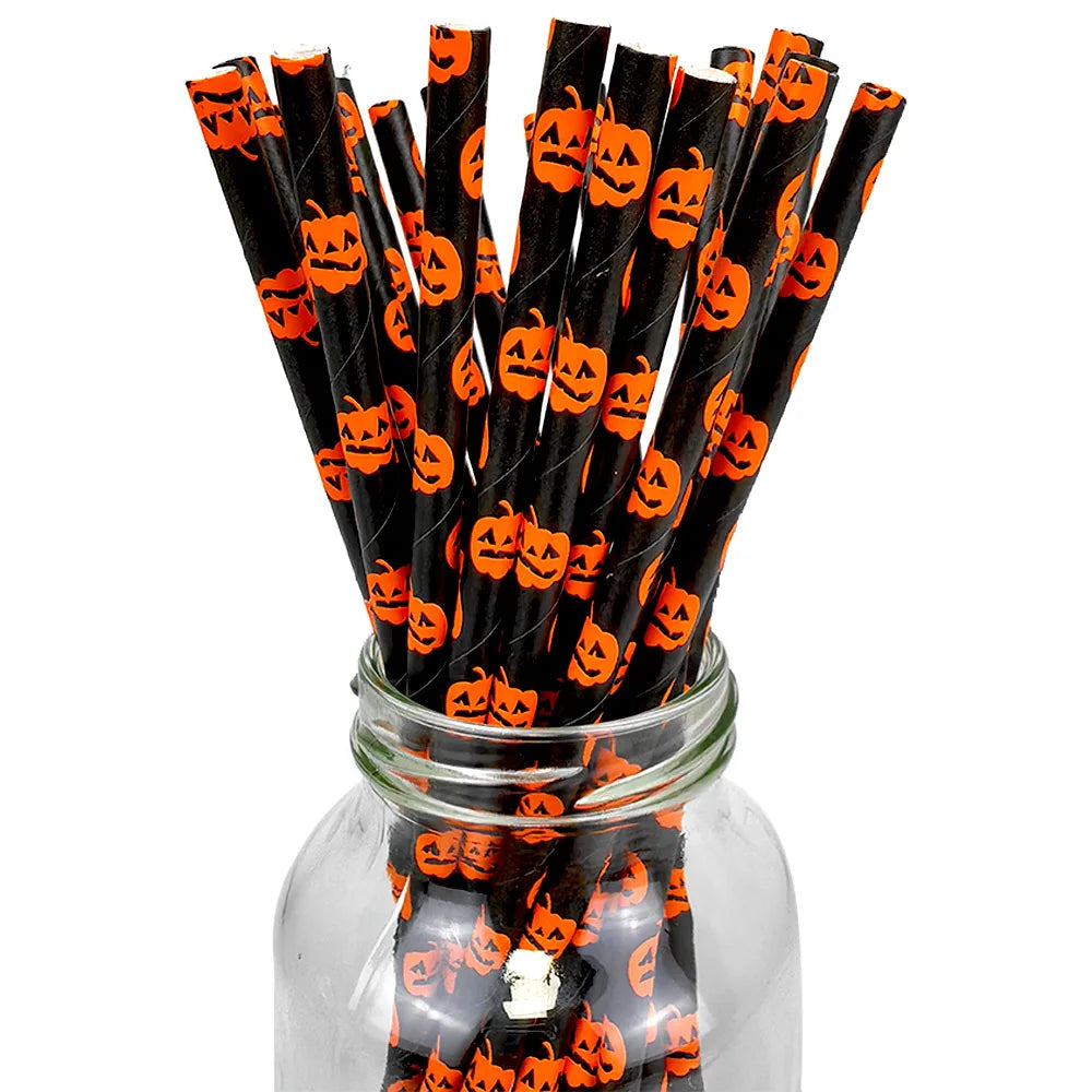 25/50/100 uds. Pajitas de Papel Desechables con Diseño de Halloween – Calabaza, Murciélago, Araña y Calavera – Decoración para Fiestas de Halloween