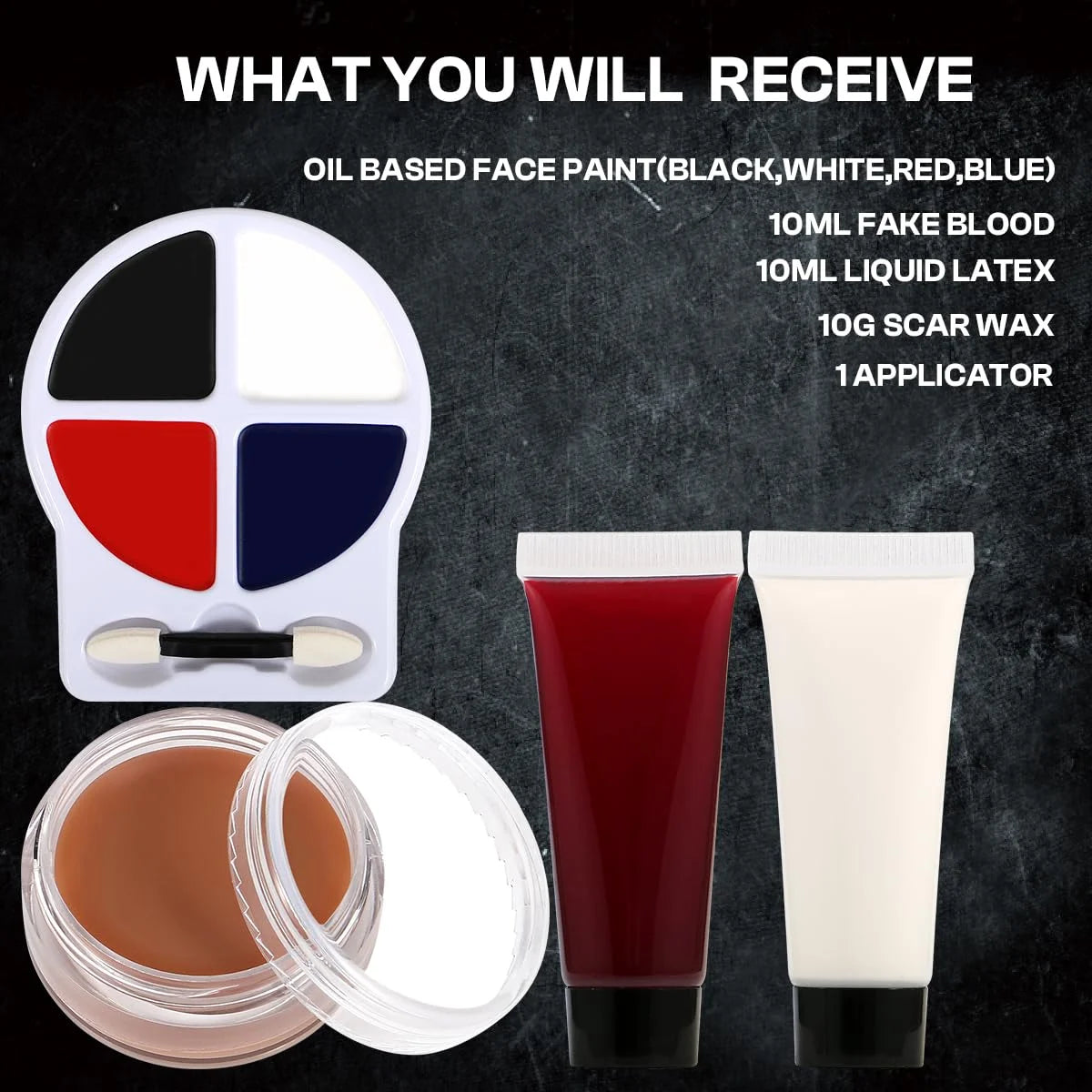 Kit de Maquillaje de Payaso para Halloween Bowitzki – Maquillaje SFX de Efectos Especiales con 4 Colores de Pintura Facial, Látex Líquido, Sangre Falsa y Cera para Cicatrices