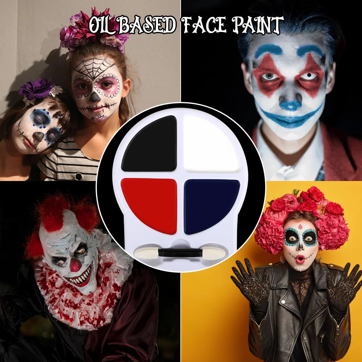 Kit de Maquillaje de Payaso para Halloween Bowitzki – Maquillaje SFX de Efectos Especiales con 4 Colores de Pintura Facial, Látex Líquido, Sangre Falsa y Cera para Cicatrices