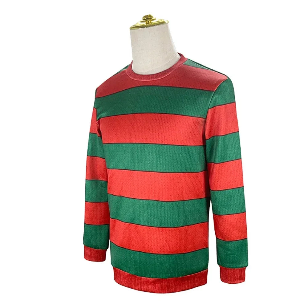 "Disfraz de Freddy Krueger de película – Camiseta de cosplay para adultos, traje superior a rayas rojas y verdes, para Halloween o fiesta de carnaval de terror.