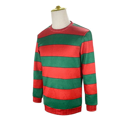 "Disfraz de Freddy Krueger de película – Camiseta de cosplay para adultos, traje superior a rayas rojas y verdes, para Halloween o fiesta de carnaval de terror.