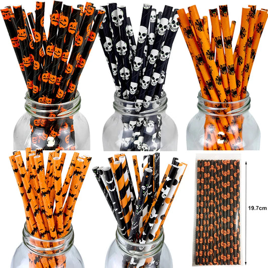 25/50/100 uds. Pajitas de Papel Desechables con Diseño de Halloween – Calabaza, Murciélago, Araña y Calavera – Decoración para Fiestas de Halloween