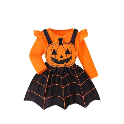 Disfraz de Calabaza para Niños de Halloween – Vestido de Calabaza de Otoño para Niña/Bebé con Manga Larga, Falda con Carita Fantasma y Tirantes, Conjunto de 3 Piezas