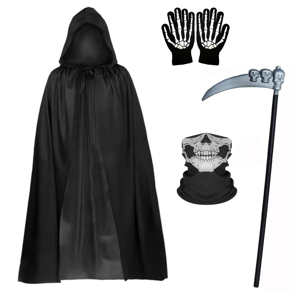 Conjunto de 1/4 piezas para fiesta de Halloween – Juego de disfraces de rol para niños y adultos, capa negra de la muerte, accesorio de disfraz con calavera para Halloween, regalo festivo