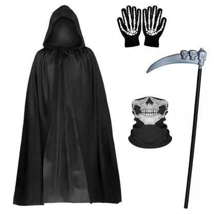 Conjunto de 1/4 piezas para fiesta de Halloween – Juego de disfraces de rol para niños y adultos, capa negra de la muerte, accesorio de disfraz con calavera para Halloween, regalo festivo