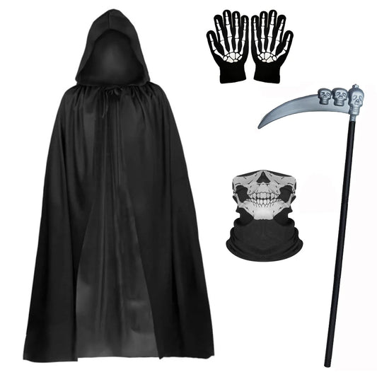 Conjunto de 1/4 piezas para fiesta de Halloween – Juego de disfraces de rol para niños y adultos, capa negra de la muerte, accesorio de disfraz con calavera para Halloween, regalo festivo