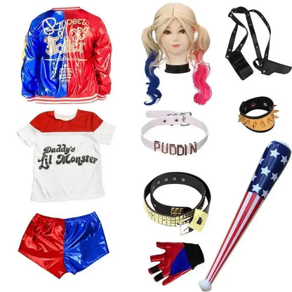 Disfraz de cosplay Suicide Squad – Harley Quinn, incluye camiseta, chaqueta, pantalones, pulsera, cinturón, collar, guantes. Disfraz de Halloween