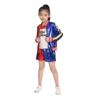 Disfraz de cosplay Suicide Squad – Harley Quinn, incluye camiseta, chaqueta, pantalones, pulsera, cinturón, collar, guantes. Disfraz de Halloween