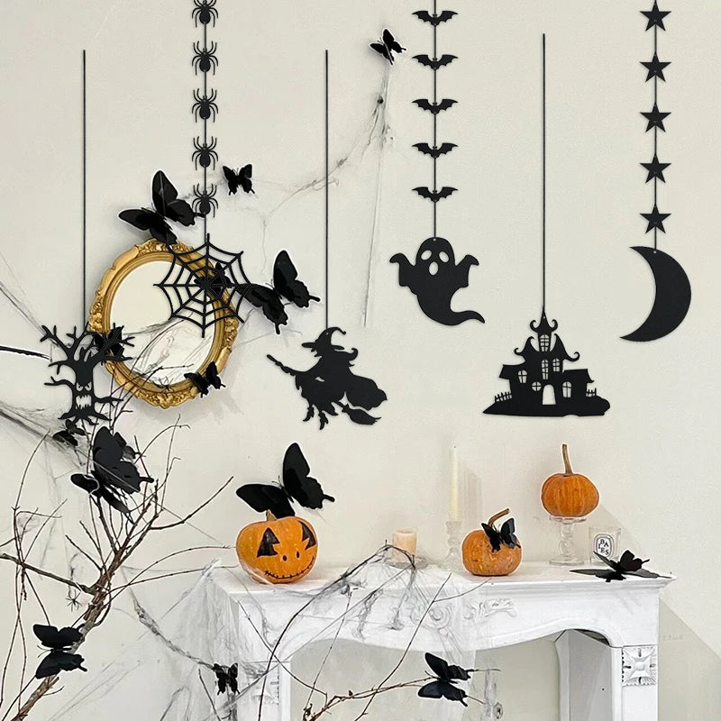 1 Set Decoración de Halloween – Banner / Guirnalda Colgante con Arañas, Fantasmas y Murciélagos – Banderines de Terror para Fiesta de Halloween y Decoración del Hogar