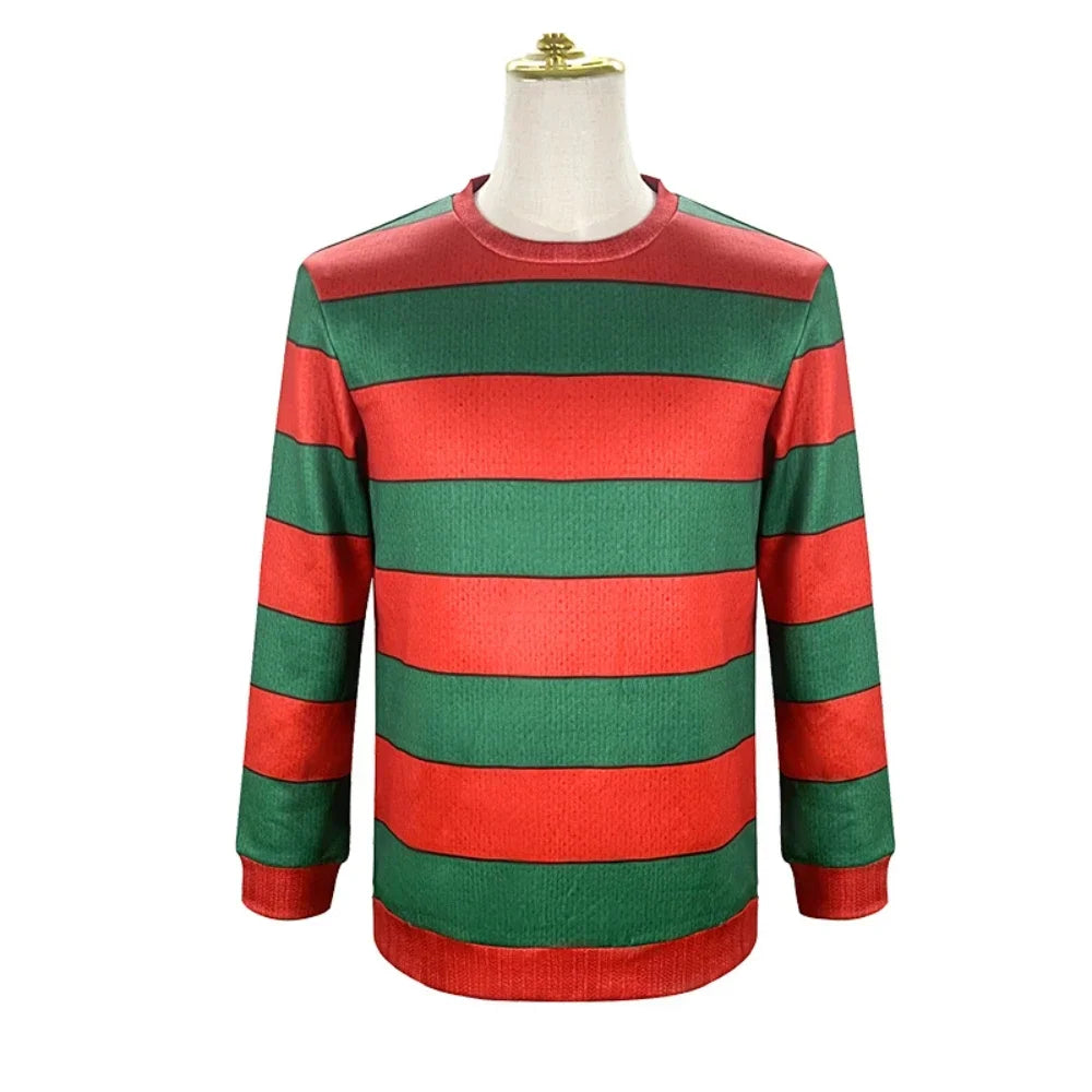 "Disfraz de Freddy Krueger de película – Camiseta de cosplay para adultos, traje superior a rayas rojas y verdes, para Halloween o fiesta de carnaval de terror.