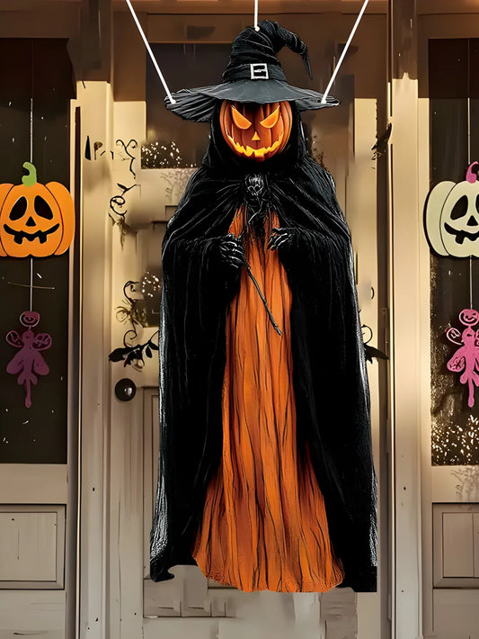 Decoración de telón con cara de calabaza colgan