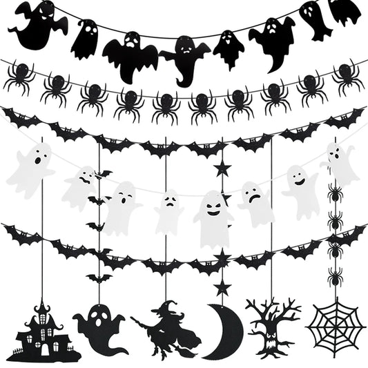 1 Set Decoración de Halloween – Banner / Guirnalda Colgante con Arañas, Fantasmas y Murciélagos – Banderines de Terror para Fiesta de Halloween y Decoración del Hogar