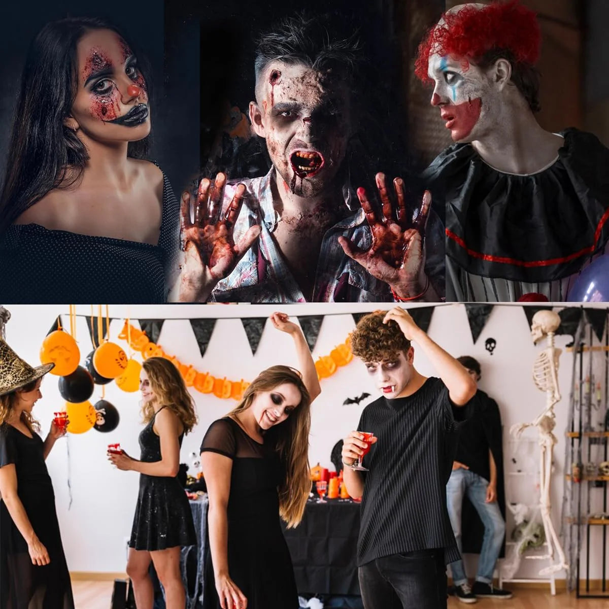 Kit de Maquillaje de Payaso para Halloween Bowitzki – Maquillaje SFX de Efectos Especiales con 4 Colores de Pintura Facial, Látex Líquido, Sangre Falsa y Cera para Cicatrices