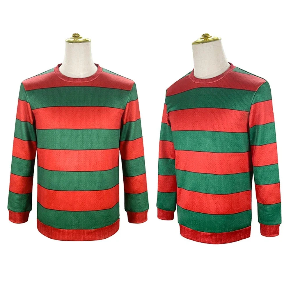"Disfraz de Freddy Krueger de película – Camiseta de cosplay para adultos, traje superior a rayas rojas y verdes, para Halloween o fiesta de carnaval de terror.