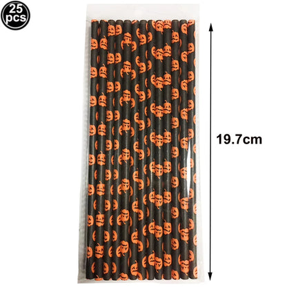 25/50/100 uds. Pajitas de Papel Desechables con Diseño de Halloween – Calabaza, Murciélago, Araña y Calavera – Decoración para Fiestas de Halloween