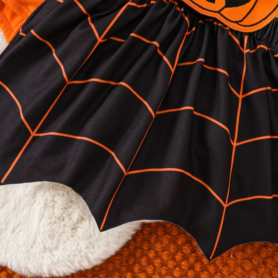 Disfraz de Calabaza para Niños de Halloween – Vestido de Calabaza de Otoño para Niña/Bebé con Manga Larga, Falda con Carita Fantasma y Tirantes, Conjunto de 3 Piezas