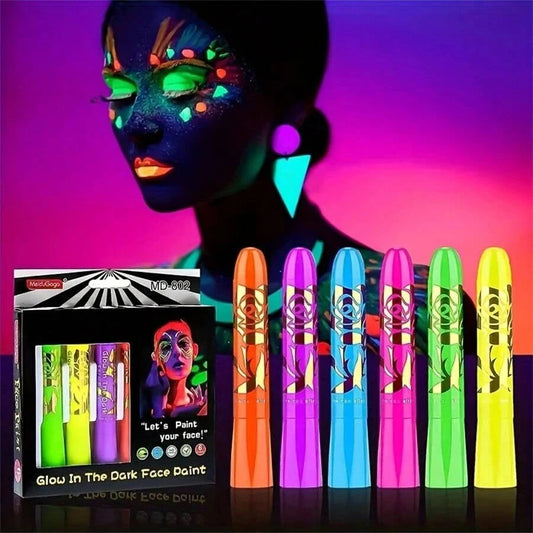 Set de 6 Crayones de Pintura Facial Fluorescente UV Maquillaje Neon para Rostro y Cuerpo bajo Luz Negra Lápices de Pintura en Barra para Carnaval, Halloween y Maquillaje de Mascarada