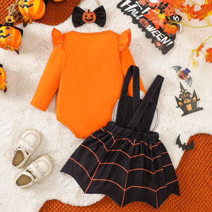 Disfraz de Calabaza para Niños de Halloween – Vestido de Calabaza de Otoño para Niña/Bebé con Manga Larga, Falda con Carita Fantasma y Tirantes, Conjunto de 3 Piezas