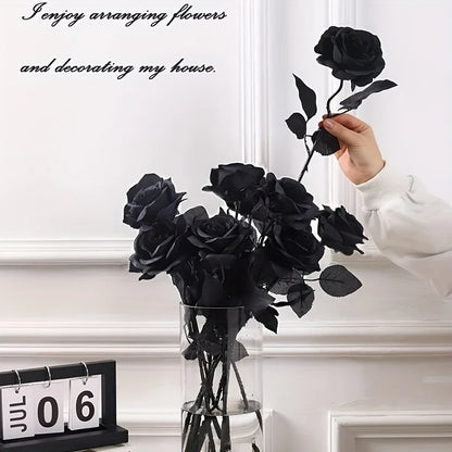 Rosas Negras Artificiales – Flores Falsas de Tallo Largo, sin Florero – Para Halloween, Decoración del Hogar, Bodas, Fiestas y Centros de Mesa