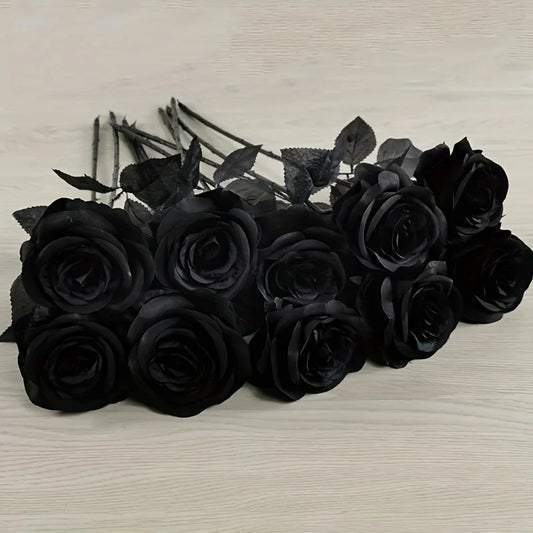 Rosas Negras Artificiales – Flores Falsas de Tallo Largo, sin Florero – Para Halloween, Decoración del Hogar, Bodas, Fiestas y Centros de Mesa