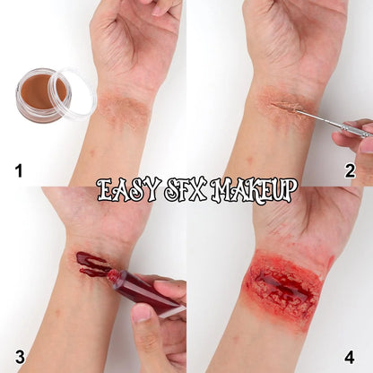 Kit de Maquillaje de Payaso para Halloween Bowitzki – Maquillaje SFX de Efectos Especiales con 4 Colores de Pintura Facial, Látex Líquido, Sangre Falsa y Cera para Cicatrices