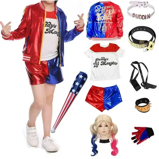 Disfraz de cosplay Suicide Squad – Harley Quinn, incluye camiseta, chaqueta, pantalones, pulsera, cinturón, collar, guantes. Disfraz de Halloween